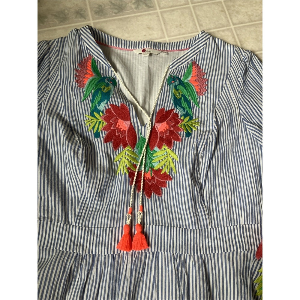 Boden Marla Floral Embroidered Dress 12 L Blue Striped Festival Split Neck Loose - Picture 2 of 5